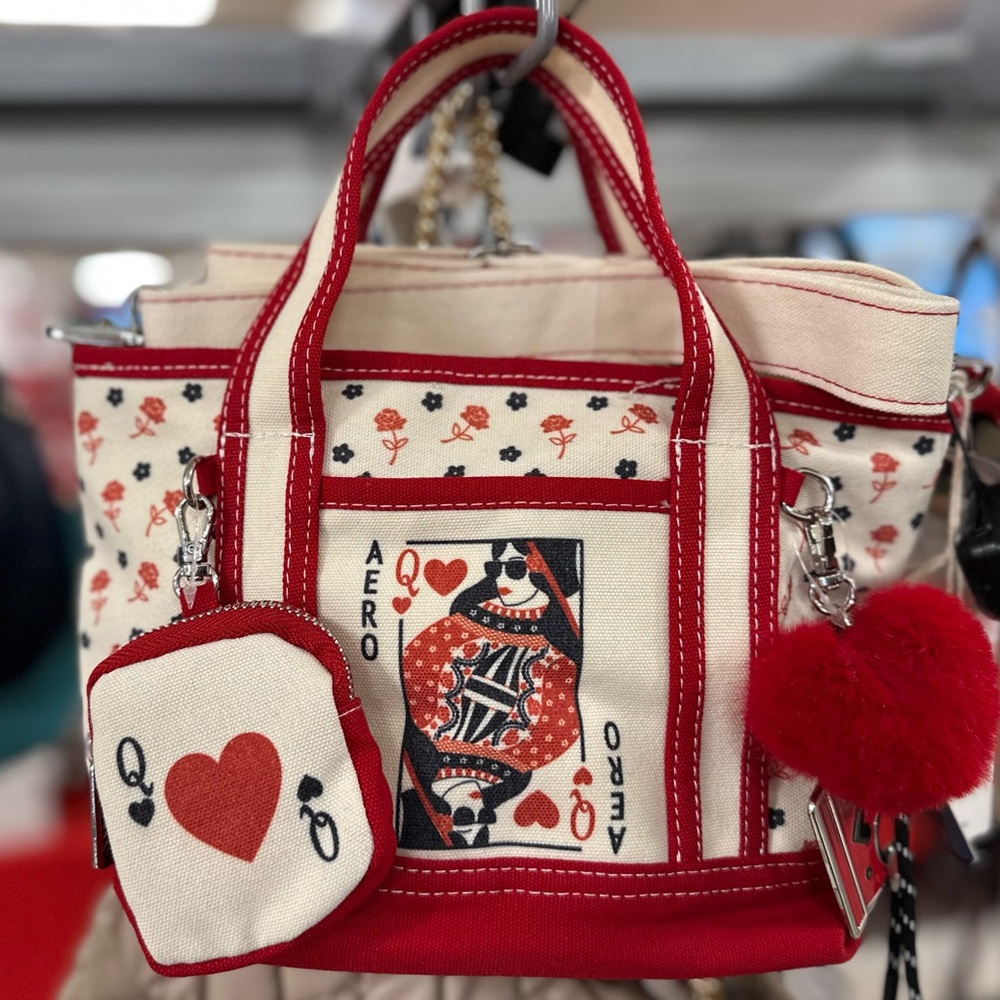 Aéropostale Queen of Hearts Mini Tote Bag w/ Coin Pouch & Pom Charm | Red